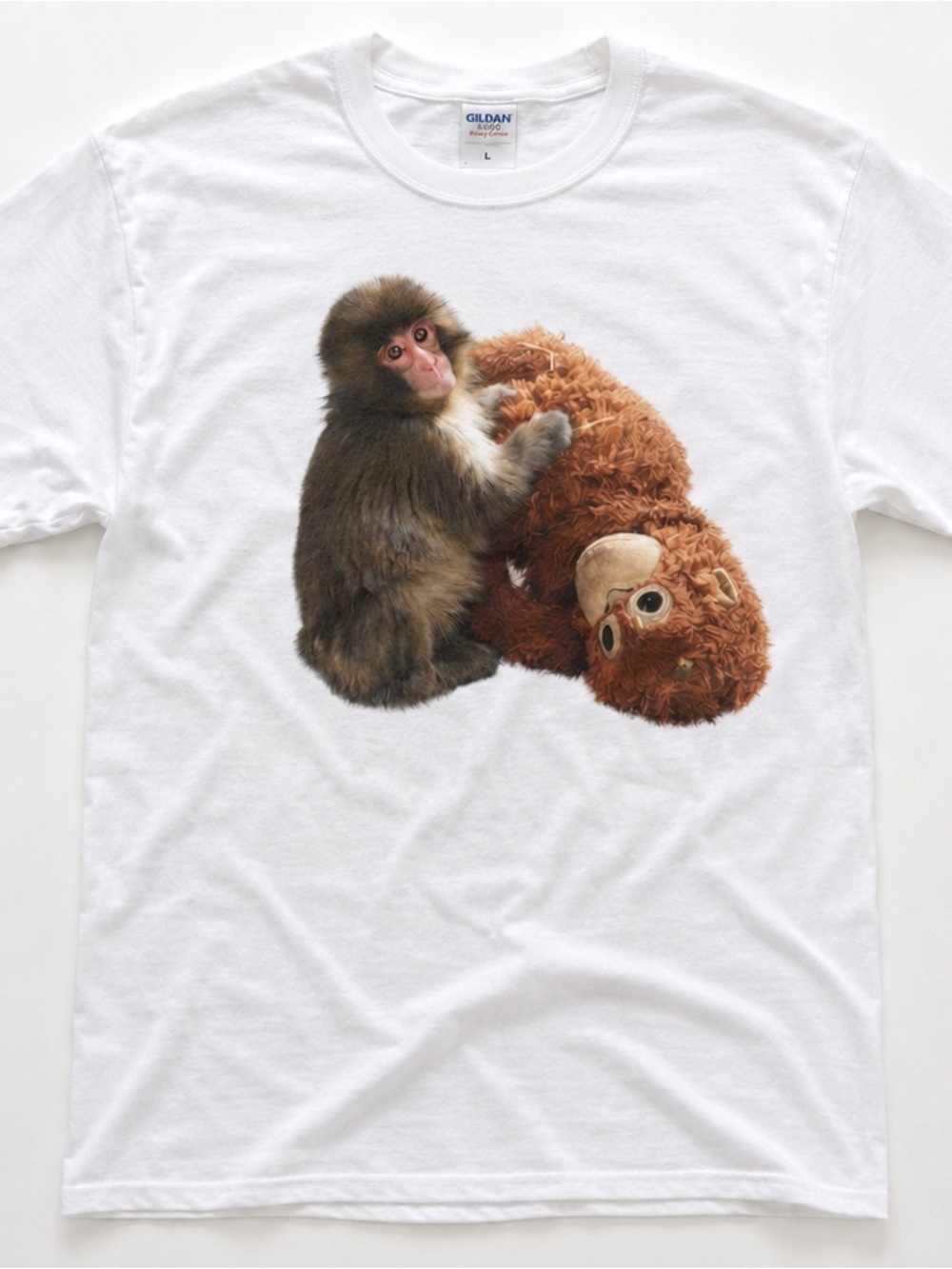 Gildan 5000 White Tee with Monkey Hugging Brown Teddy Graphic, Vintage Size L